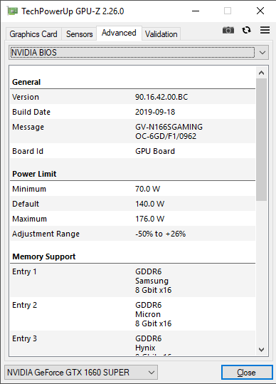 Gigabyte GTX 1660 SUPER Gaming OC GPUZ TDP