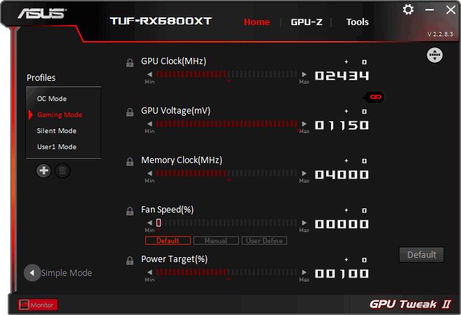 Asus TUF RX 6800 XT O16G Gaming GPU Tweak advanced mode