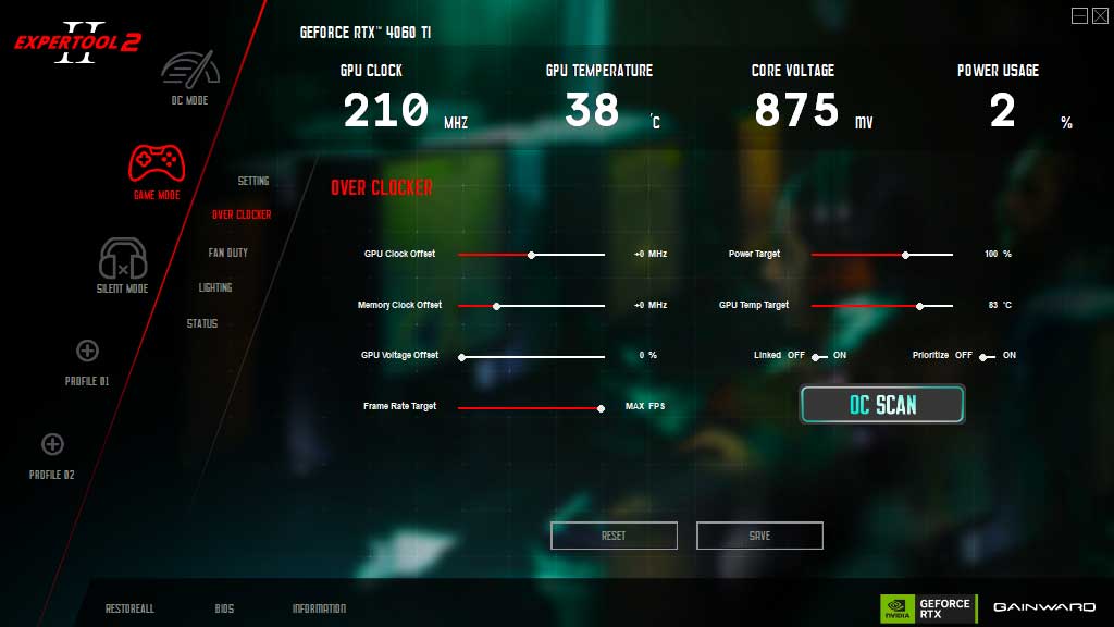 Gainward RTX 4060 Ti GHOST OC 8G; ExperTool - OVERCLOCKER