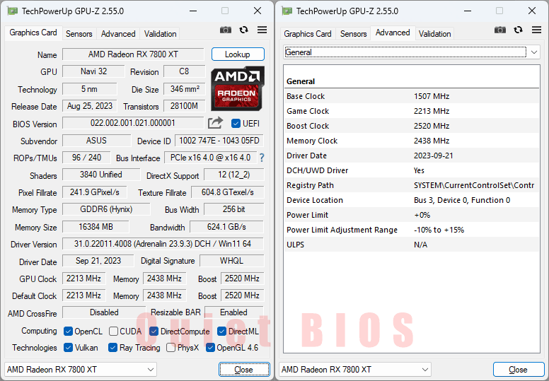 Asus TUF RX 7800 XT O16G Gaming GPUZ; Quiet mode