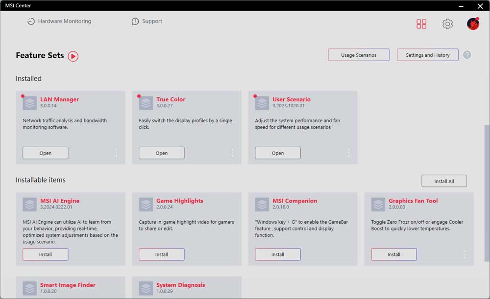 MSI Center; Feature Sets