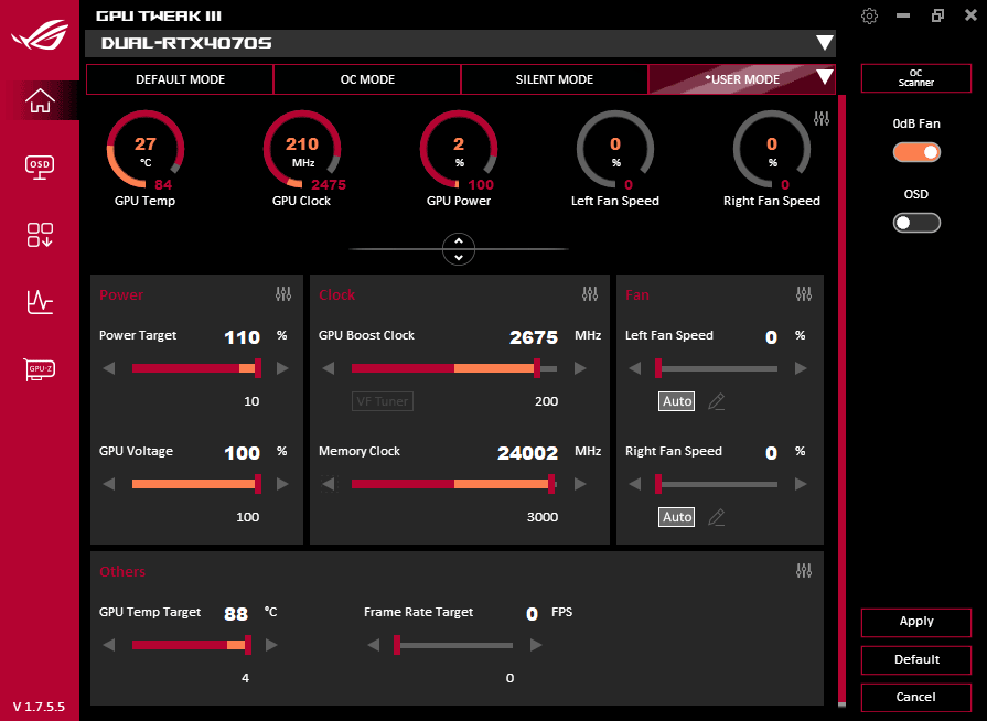 Asus DUAL RTX 4070 SUPER 12G; přetaktování