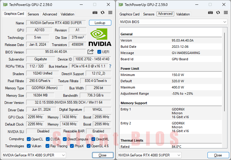 Gigabyte RTX 4080 SUPER GAMING OC 16G GPUZ; Silent BIOS