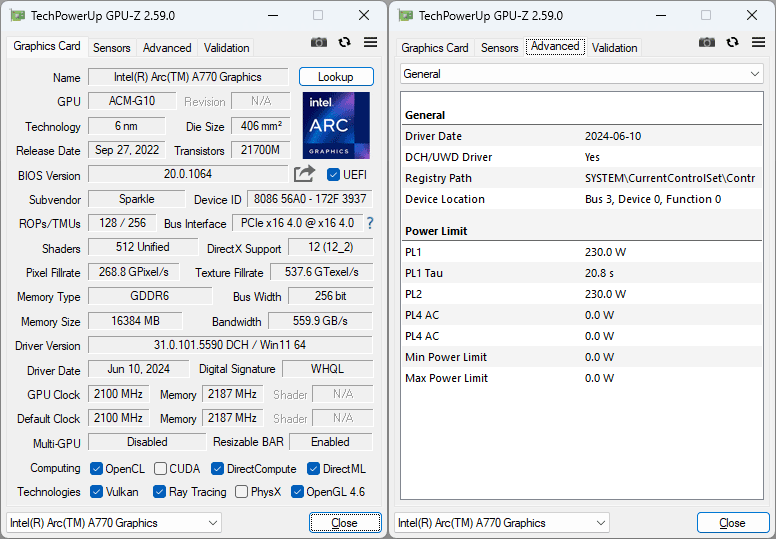 Sparkle Arc A770 TITAN OC Edition 16G GPUZ