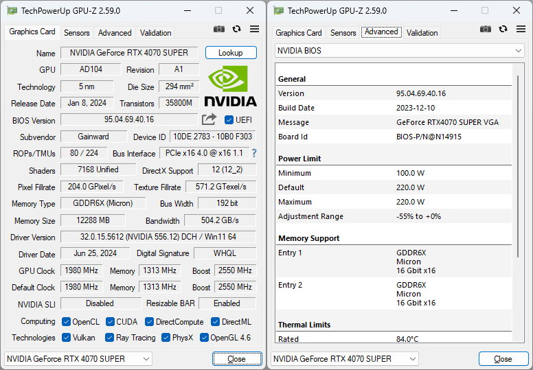 Gainward RTX 4070 SUPER GHOST OC 12G GPUZ