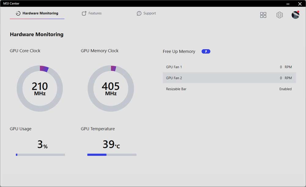 MSI Center; Hardware Monitoring