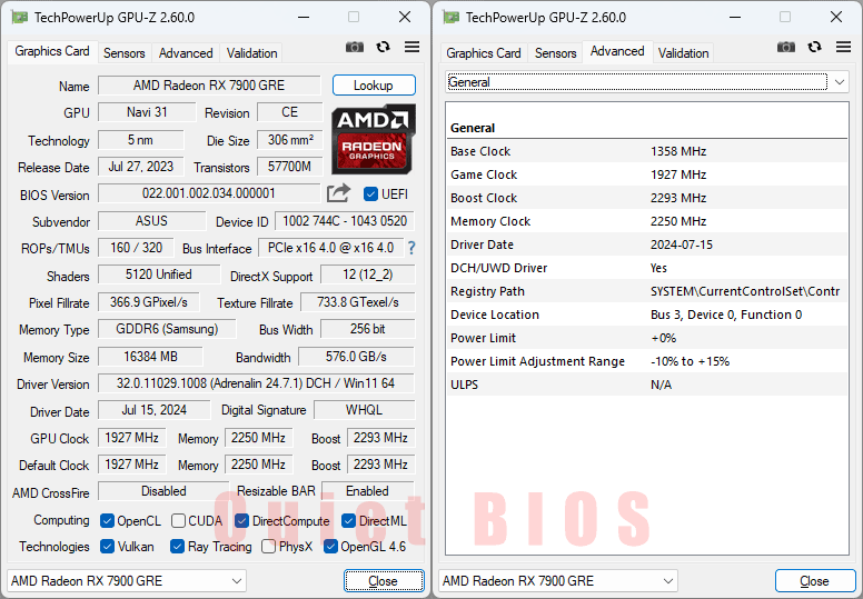 Asus DUAL RX 7900 GRE O16G GPUZ; Quiet mode