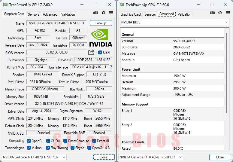 Gigabyte RTX 4070 Ti SUPER Windforce MAX OC 16G GPUZ; Silent BIOS