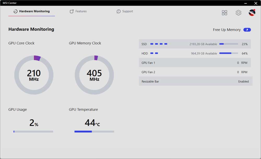 MSI Center; Hardware Monitoring