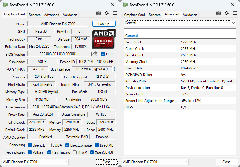 Asus DUAL RX 7600 O8G V2 GPUZ