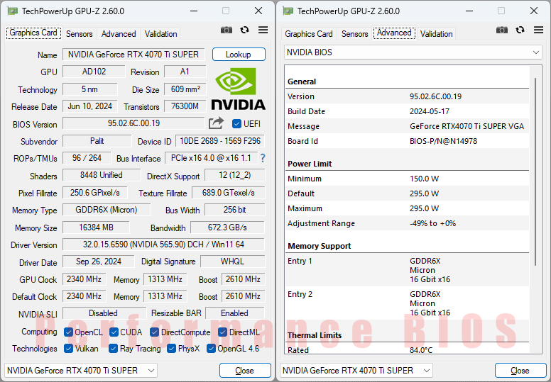 PALiT RTX 4070 Ti SUPER GameRock OmniBlack 16G GPUZ; Performance BIOS