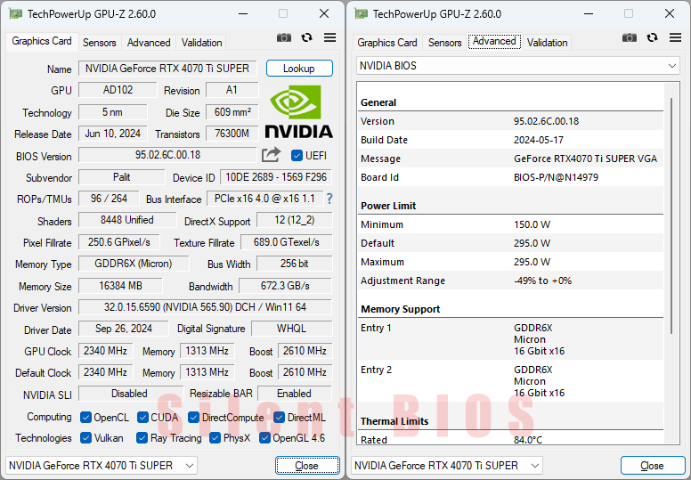 PALiT RTX 4070 Ti SUPER GameRock OmniBlack 16G GPUZ; Silent BIOS