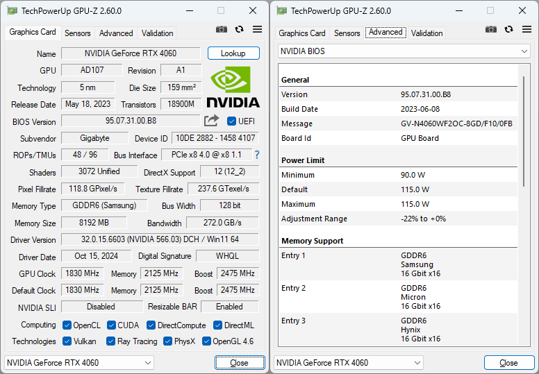 Gigabyte RTX 4060 WINDFORCE OC 8G GPUZ