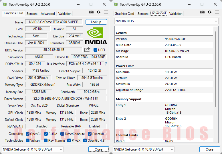 Asus PRIME RTX 4070 SUPER O12G GPUZ; Performance mode