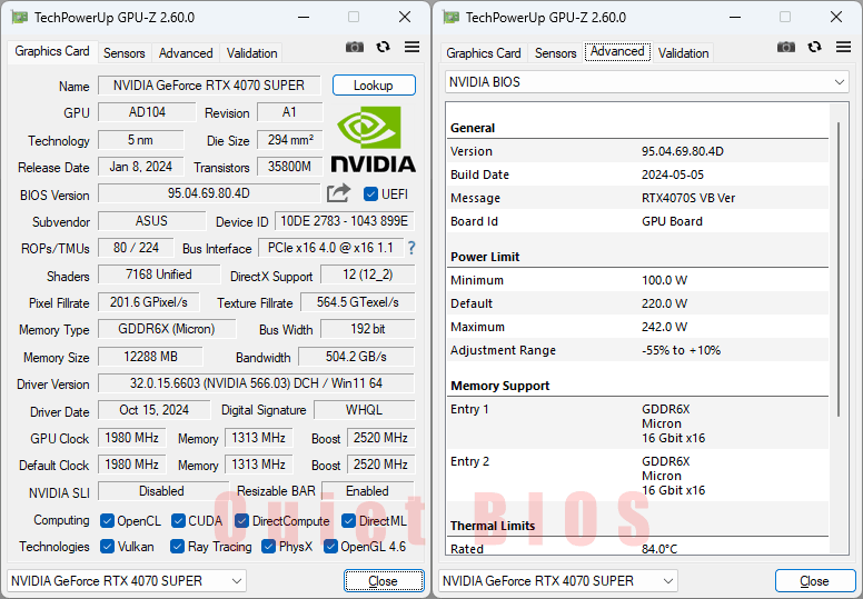 Asus PRIME RTX 4070 SUPER O12G GPUZ; Quiet mode