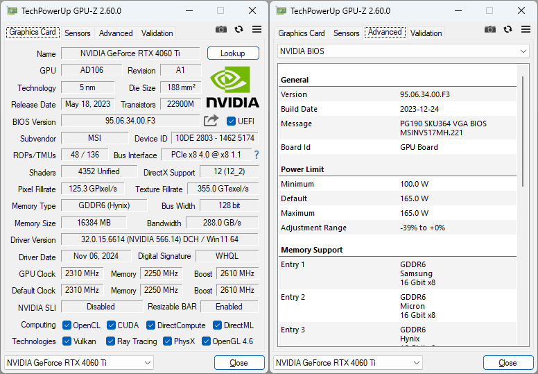 MSI RTX 4060 Ti VENTUS 2X BLACK 16G OC GPUZ