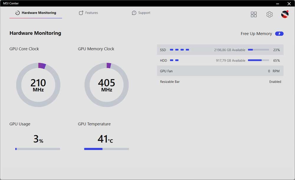 MSI Center; Hardware Monitoring