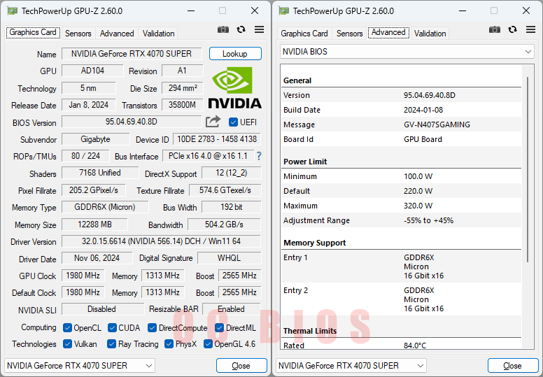 Gigabyte RTX 4070 SUPER GAMING OC 12G GPUZ; OC BIOS