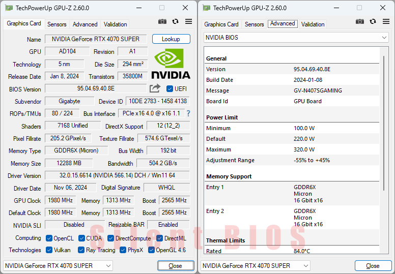 Gigabyte RTX 4070 SUPER GAMING OC 12G GPUZ; Silent BIOS