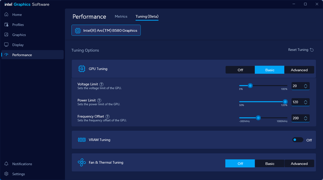 Intel Arc B580 Limited Edition 12G; Intel Graphics Software přetaktování