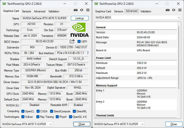 MSI RTX 4070 Ti SUPER 16G SHADOW 3X OC GPUZ