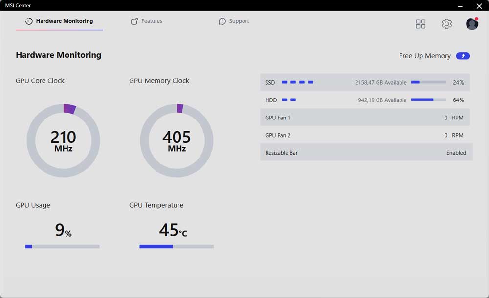 MSI Center; Hardware Monitoring