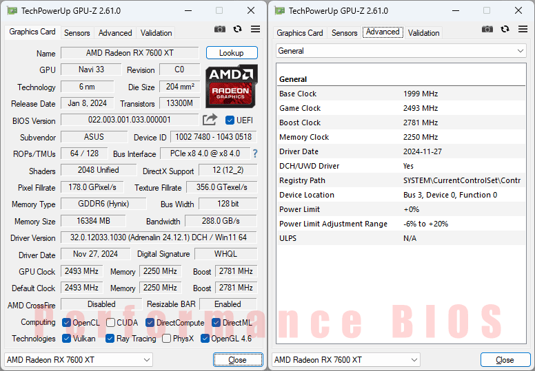 Asus DUAL RX 7600 XT O16G GPUZ; Performance mode