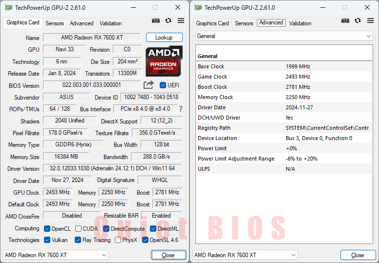 Asus DUAL RX 7600 XT O16G GPUZ; Quiet mode