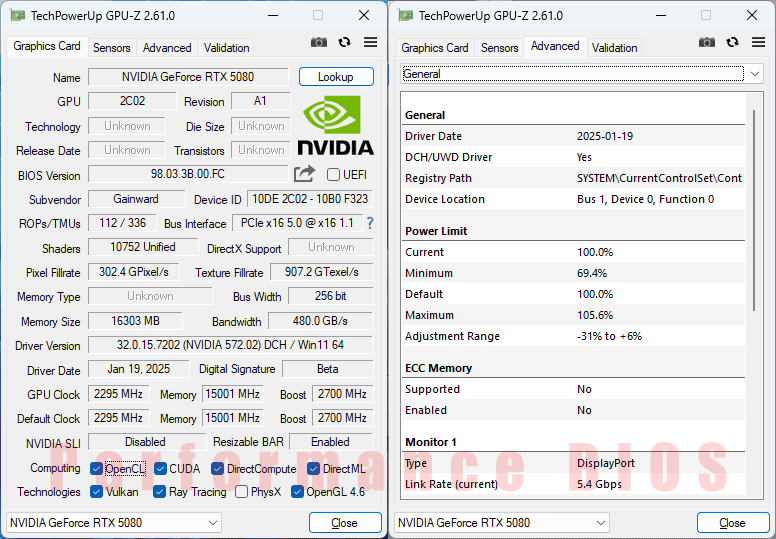 Gainward RTX 5080 PHOENIX GS 16G GPUZ; Performance BIOS