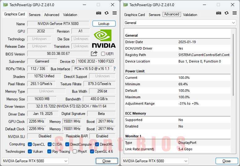 Gainward RTX 5080 PHOENIX GS 16G GPUZ; Silent BIOS