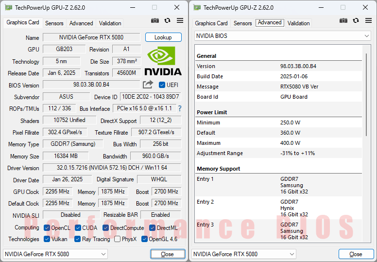 Asus TUF RTX 5080 O16G Gaming GPUZ; Performance mode