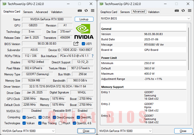 Asus TUF RTX 5080 O16G Gaming GPUZ; Quiet mode