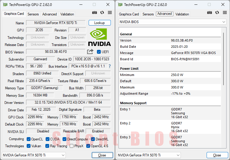 Gainward RTX 5070 Ti PHOENIX GS 16G GPUZ; Silent BIOS