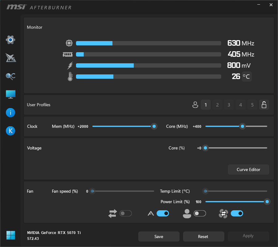 Gainward RTX 5070 Ti PHOENIX GS 16G; přetaktování